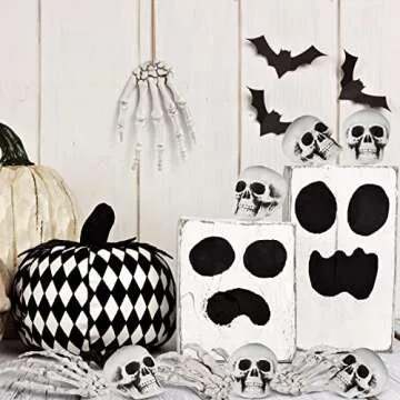 16 Pieces Halloween Decoration Set Includes 10 Halloween Mini Skull Heads and 4 Skeleton Hands Realistic Looking Skulls Plastic Fake Human Hands Craft Toy for Halloween Party, Halloween Decor Props