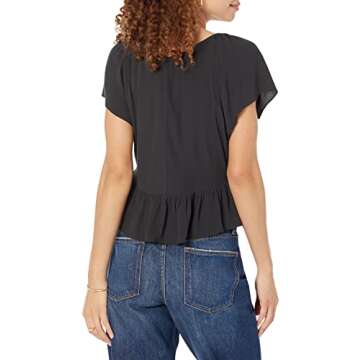 The Drop Women’s Elize Puff-Sleeve Tie-Front Crepe Blouse - Elegant Style for Every Occasion