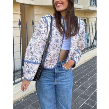 Yimoon Women's Cropped Puffer Jacket Floral Print Lightweight Short Padded Quilted Coat Open Front W...