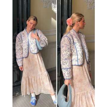 Yimoon Women's Cropped Puffer Jacket Floral Print Lightweight Short Padded Quilted Coat Open Front Winter Outwear(White-XS)