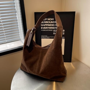TYATVS Suede Bag Suede Tote Bag Brown Suede Shouder Purse Work Hobo Handbags Fall Aesthetics (red brown)