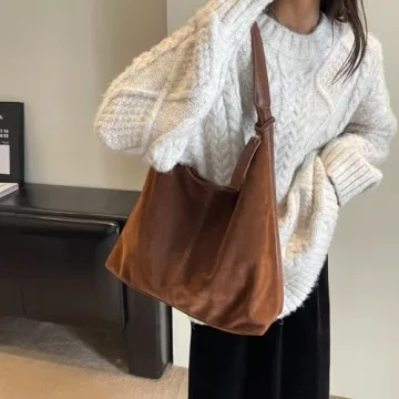 TYATVS Suede Bag Suede Tote Bag Brown Suede Shouder Purse Work Hobo Handbags Fall Aesthetics (red brown)