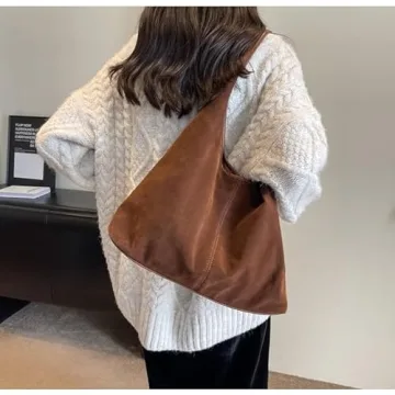 TYATVS Suede Bag Suede Tote Bag Brown Suede Shouder Purse Work Hobo Handbags Fall Aesthetics (red brown)
