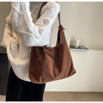 TYATVS Suede Bag Suede Tote Bag Brown Suede Shouder Purse Work Hobo Handbags Fall Aesthetics (red brown)