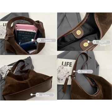 TYATVS Suede Bag Suede Tote Bag Brown Suede Shouder Purse Work Hobo Handbags Fall Aesthetics (red brown)