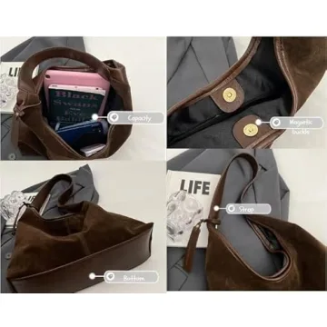 TYATVS Suede Bag Suede Tote Bag Brown Suede Shouder Purse Work Hobo Handbags Fall Aesthetics (red brown)
