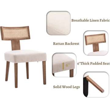 EALSON Mid Century Modern Dining Chairs Set of 2 Linen Upholstered Kitchen Chairs with Wood Legs and Curved Rattan Back Farmhouse Dining Room Chairs Accent Side Chairs for Dining Room, Beige