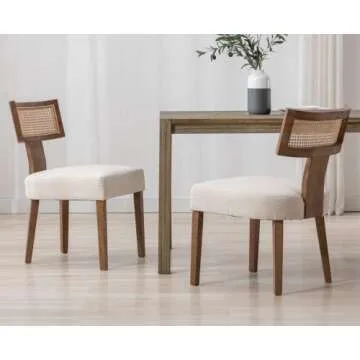 EALSON Mid Century Modern Dining Chairs Set of 2 Linen Upholstered Kitchen Chairs with Wood Legs and Curved Rattan Back Farmhouse Dining Room Chairs Accent Side Chairs for Dining Room, Beige