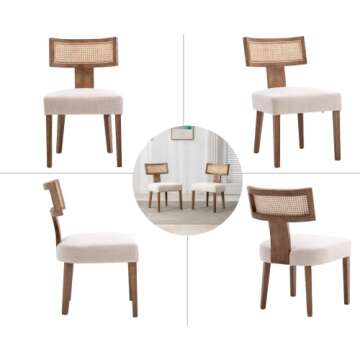 EALSON Mid Century Modern Dining Chairs Set of 2 Linen Upholstered Kitchen Chairs with Wood Legs and Curved Rattan Back Farmhouse Dining Room Chairs Accent Side Chairs for Dining Room, Beige