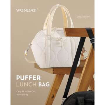 WONDAY Simple Puffer Lunch Bag for Women, Apricot Adult Lunch Box with Shoulder Strap, Insulated and...