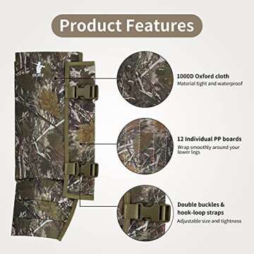 GearOZ Snake Gaiters Snake Chaps, Waterproof Lower Legs Snake Guards, Snake Bite Protective Gaiters, Anti-Snake Boots for Men/Women, Adjustable Size for Hunting/Hiking/Farm Working, Camo