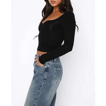 Cioatin Women Going Out Crop Tops Y2K Clothes Cute Sweetheart Neck Long Sleeve T Shirt Top Skinny Fall Trendy Tee Teens Black