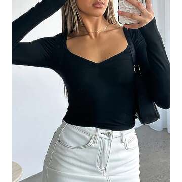 Cioatin Women Going Out Crop Tops Y2K Clothes Cute Sweetheart Neck Long Sleeve T Shirt Top Skinny Fall Trendy Tee Teens Black