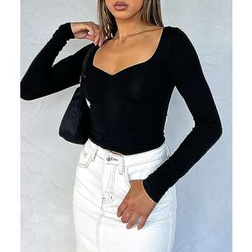Cioatin Women Going Out Crop Tops Y2K Clothes Cute Sweetheart Neck Long Sleeve T Shirt Top Skinny Fall Trendy Tee Teens Black