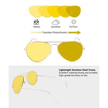 LIVHO Photochromic Classic Aviator Sunglasses for Women Men Polarized,Metal Frame Mirror UV Lens Protection(Gold Night View, 62)