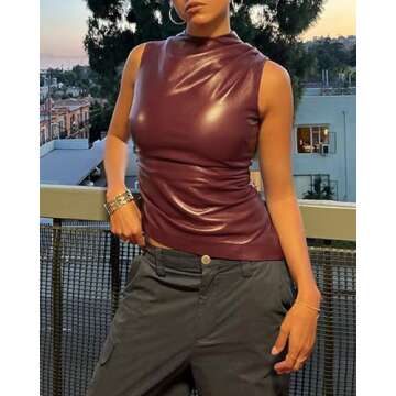 CORIRESHA Women's Faux Leather Pleated Sleeveless Asymmetrical Mock Neck Slim Tank Top Wine Red