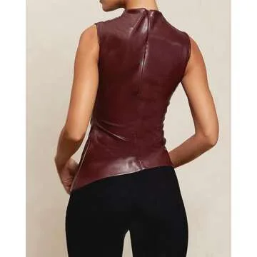 CORIRESHA Women's Faux Leather Pleated Sleeveless Asymmetrical Mock Neck Slim Tank Top Wine Red