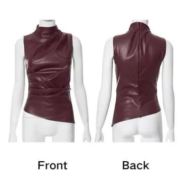 CORIRESHA Women's Faux Leather Pleated Sleeveless Asymmetrical Mock Neck Slim Tank Top Wine Red