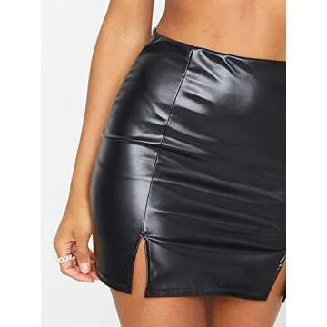 Just Quella Women's Classic High Waist Sexy Slim Mini Pencil Leather Skirts 9043 (Black Faux Leather...