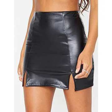 Just Quella Women's Classic High Waist Sexy Slim Mini Pencil Leather Skirts 9043 (Black Faux Leather Split Hem Mini Skirt, L)