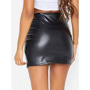 Just Quella Women's Classic High Waist Sexy Slim Mini Pencil Leather Skirts 9043 (Black Faux Leather Split Hem Mini Skirt, L)