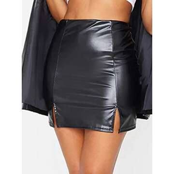 Just Quella Women's Classic High Waist Sexy Slim Mini Pencil Leather Skirts 9043 (Black Faux Leather Split Hem Mini Skirt, L)