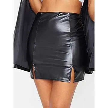 Just Quella Women's Classic High Waist Sexy Slim Mini Pencil Leather Skirts 9043 (Black Faux Leather Split Hem Mini Skirt, L)