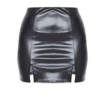 Just Quella Women's Classic High Waist Sexy Slim Mini Pencil Leather Skirts 9043 (Black Faux Leather Split Hem Mini Skirt, L)