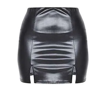 Just Quella Women's Classic High Waist Sexy Slim Mini Pencil Leather Skirts 9043 (Black Faux Leather Split Hem Mini Skirt, L)