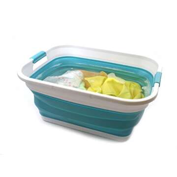 SAMMART 41L (10.8 gallon) Collapsible Plastic Laundry Basket-Foldable Pop Up Storage Container/Organizer-Portable Washing Tub-Space Saving, Water capacity: 32L (8.4 gallon) (Rectangular, Bright Blue)