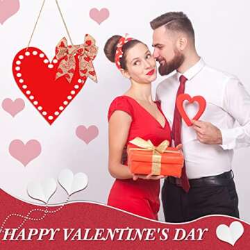 Happy Valentine's Day Wreath Hanging Wood Sign Farmhouse Valentine Heart Shaped Hangers Sign for Door Red Heart Wooden Door Sign with Ribbon Bow for Wedding Home Indoor Outdoor Door Wall Window Decor