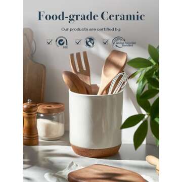 DOWAN Utensil Holder for Countertop, 7.5" Large Cooking Utensil Holder, White Ceramic Utensil Holder with Thicken Recycled Wooden Cork Mat, Utensil Crock for Kitchen Counter, Kitchen Decor
