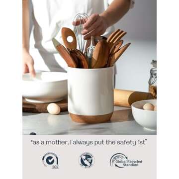 DOWAN Utensil Holder for Countertop, 7.5" Large Cooking Utensil Holder, White Ceramic Utensil Holder with Thicken Recycled Wooden Cork Mat, Utensil Crock for Kitchen Counter, Kitchen Decor