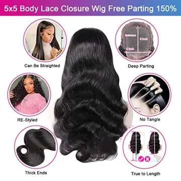 Aaliweya 5x5 HD Lace Closure Wigs Human Hair Body Wave 5x5 Transparent Lace Front Wig for Women 150 density Lace Closure Wig Pre Plucked with Baby Hair Soft and Smooth Natural Black Color 22inch