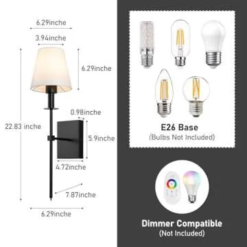KELUOLY Black Wall Sconces Set of 2, Hardwired Indoor Wall Lights Fixtures with White Fabric Shade Bathroom Vanity Standing Bracket Wall Lamps for Bedroom,Living Room,Bathroom,Hallway