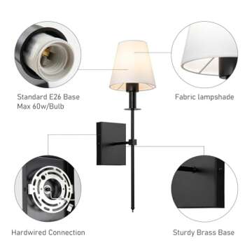 KELUOLY Black Wall Sconces Set of 2, Hardwired Indoor Wall Lights Fixtures with White Fabric Shade Bathroom Vanity Standing Bracket Wall Lamps for Bedroom,Living Room,Bathroom,Hallway