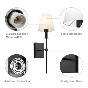 KELUOLY Black Wall Sconces Set of 2, Hardwired Indoor Wall Lights Fixtures with White Fabric Shade Bathroom Vanity Standing Bracket Wall Lamps for Bedroom,Living Room,Bathroom,Hallway