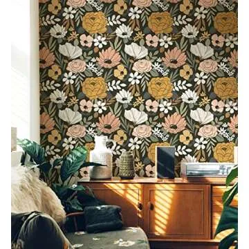 HAOKHOME Vintage Large Floral Peel and Stick Wallpaper Removable Daisy Leaf Black/Sand/Oliva Vinyl Self Adhesive Contact Paper 17.7in x 9.8ft
