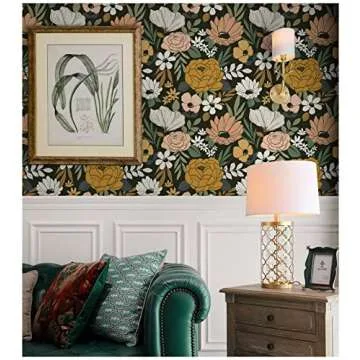 HAOKHOME Vintage Large Floral Peel and Stick Wallpaper Removable Daisy Leaf Black/Sand/Oliva Vinyl Self Adhesive Contact Paper 17.7in x 9.8ft