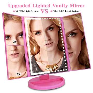 Ceenwes Upgrade Version Makeup Mirror 180°Trifold LED Vanity Mirror Adjustable Touch Screen Cosmetic Mirror with 36 LED Lights Lighted Makeup Mirror with 4 Magnification 1X/2X/3X/10X Mirrors