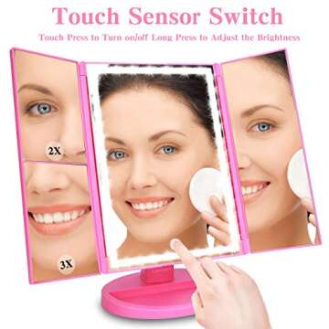 Ceenwes Upgrade Version Makeup Mirror 180°Trifold LED Vanity Mirror Adjustable Touch Screen Cosmetic Mirror with 36 LED Lights Lighted Makeup Mirror with 4 Magnification 1X/2X/3X/10X Mirrors