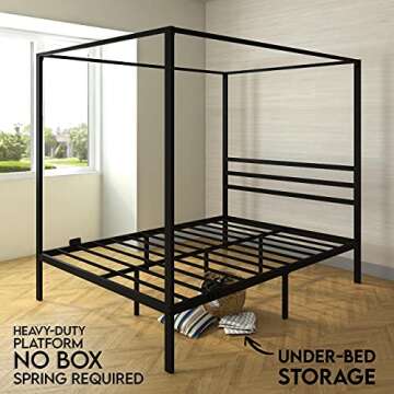 AMBEE21 Golden Gate Beds Canopy Metal Bed Frame with Headboard – Wrought Iron Platform Design, Sturdy Slatted Base, No Box Spring Needed, Underbed Storage Space – Queen, Black