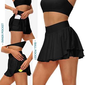 UrKeuf Women's Athletic Tennis Skirts with Pockets 13in Ruffle Golf Running Workout Ice Silk Flowy Skorts with Sports Shorts Black