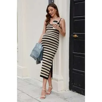 OUGES Womens 2025 Spring Maternity Dress Knit Baby Shower Tank Sundress Pregnancy Bodycon Side Slit Sweater Casual Summer Maternity Clothes(Apricot Black Striped,S)