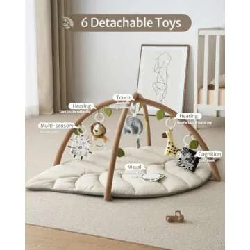 Blissful Diary Baby Play Gym & Activity Mat, Leaf Shaped Baby Tummy Time Play Mat with 6 Detachable Toys, Promotes Motor Skills & Sensory Development, Newborn Baby Essentials Gift, Oatmeal Beige