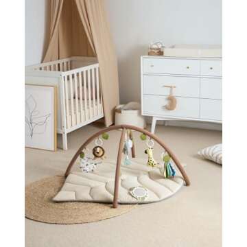 Blissful Diary Baby Play Gym & Activity Mat, Leaf Shaped Baby Tummy Time Play Mat with 6 Detachable Toys, Promotes Motor Skills & Sensory Development, Newborn Baby Essentials Gift, Oatmeal Beige