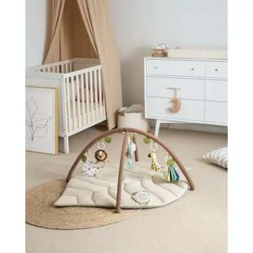 Blissful Diary Baby Play Gym & Activity Mat, Leaf Shaped Baby Tummy Time Play Mat with 6 Detachable Toys, Promotes Motor Skills & Sensory Development, Newborn Baby Essentials Gift, Oatmeal Beige