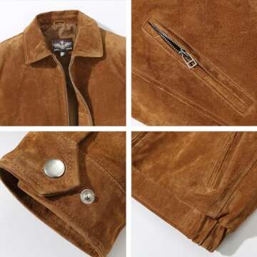FLAVOR Men's Suede Leather Bomber Jacket Casual Coat for Men (Medium, Brown)