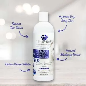 Lillian Ruff Berry Blue Brightening Face and Body Wash for Dogs - Blueberry Shampoo - Remove Tear Stains, Hydrate Dry Itchy Skin, Add Shine & Luster to Coats (Berry Blue Shampoo 16oz)
