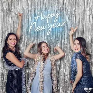 KatchOn, Large Silver Backdrop Curtain - 3.2x8 Feet, Pack of 2, Silver Streamers Backdrop | Happy New Year Backdrop for Happy New Year Decorations | Silver Fringe Backdrop for Silver Party Decorations